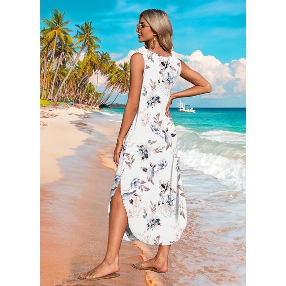 🆕 Women White Summer Maxi Dress Sleeveless Casual Loose Long Beach Split Pocket - Picture 3 of 4